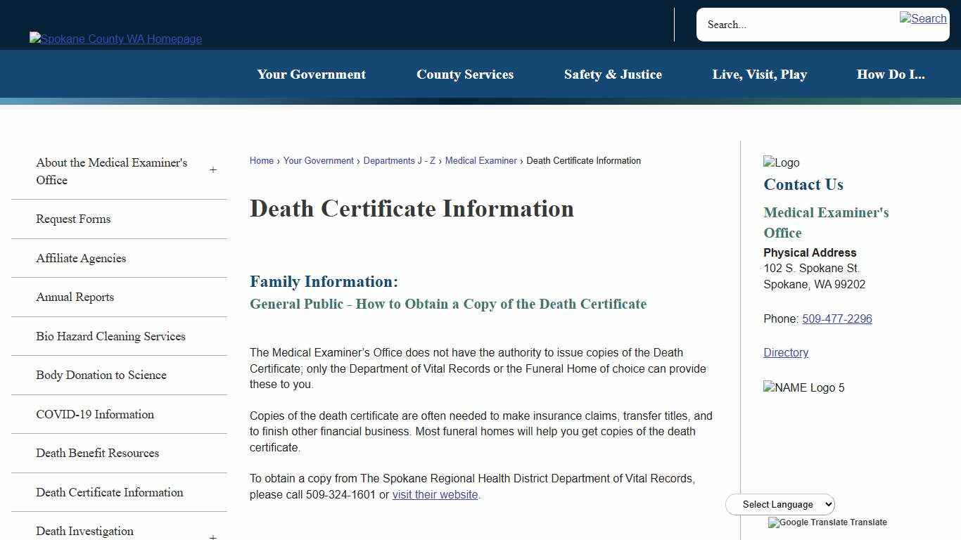 Death Certificate Information Spokane County, WA